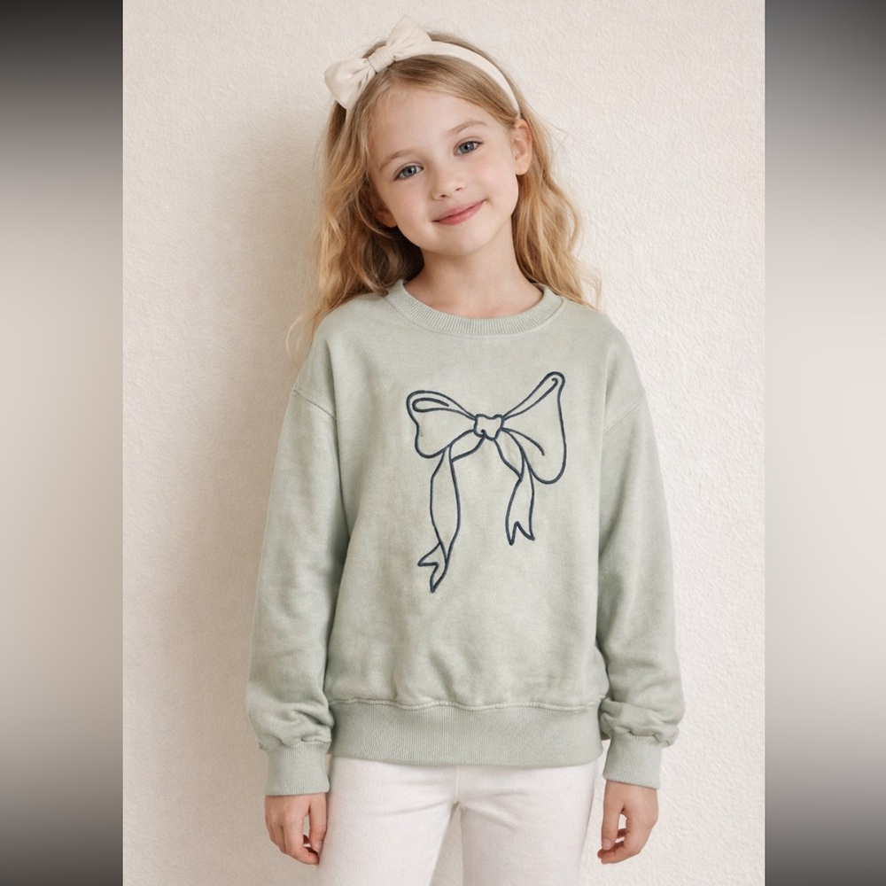 ZARA Girls Sage Green Bow Embroidered Sweatshirt Size 9–10
